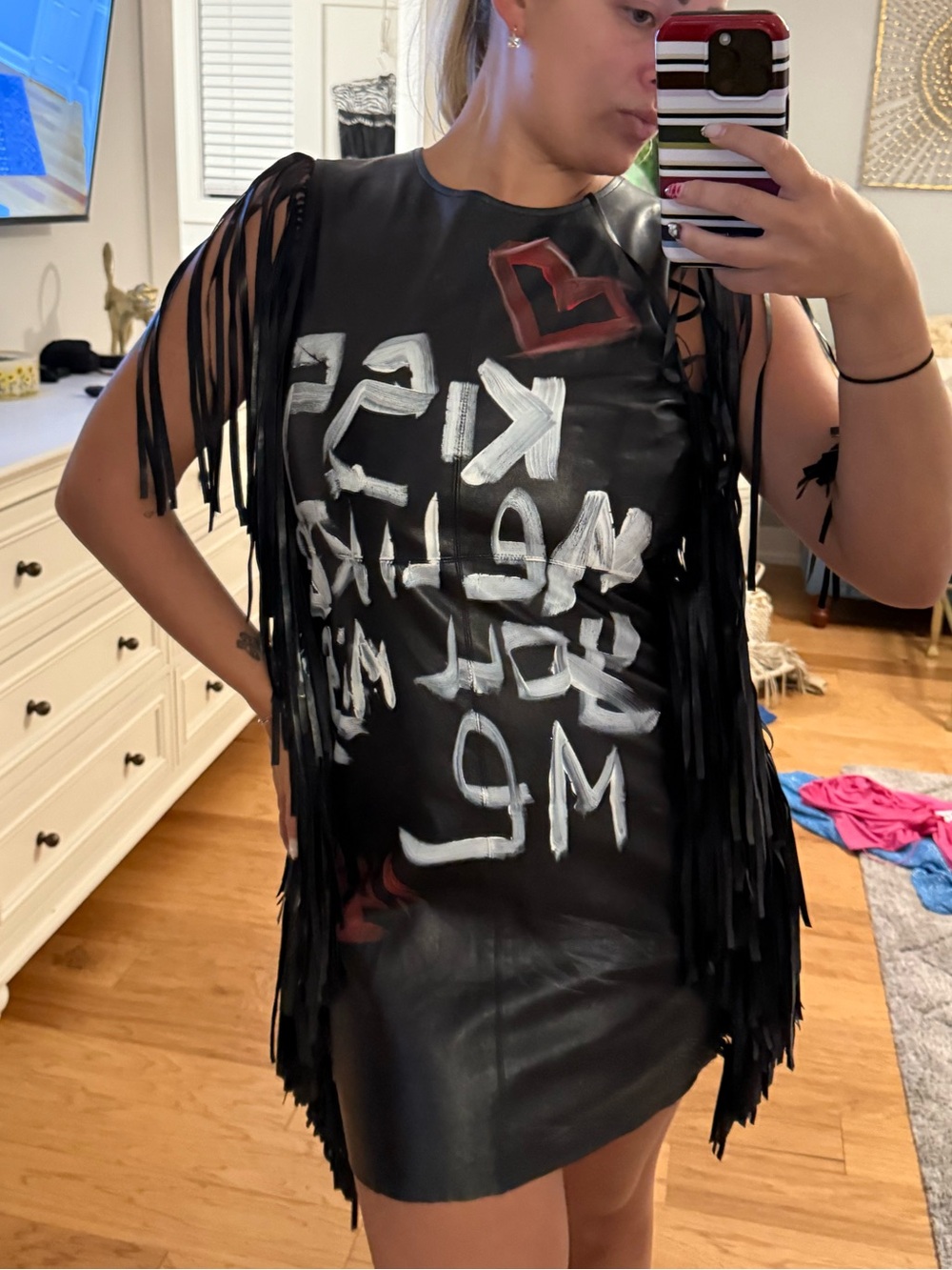 Black Fringe Faux Leather Mini Dress with Graffiti Print